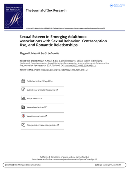 Sexual Esteem in Emerging Adulthood: Associations with Sexual Behavior, Contraception Use, and Romantic Relationships