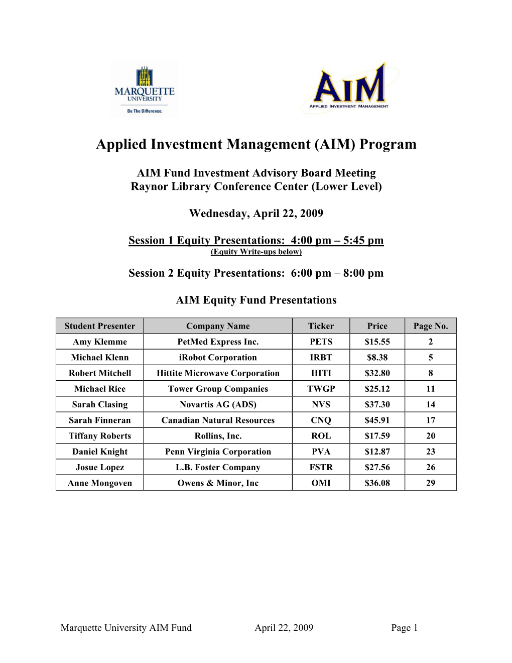 Applied Investment Management (AIM) Program