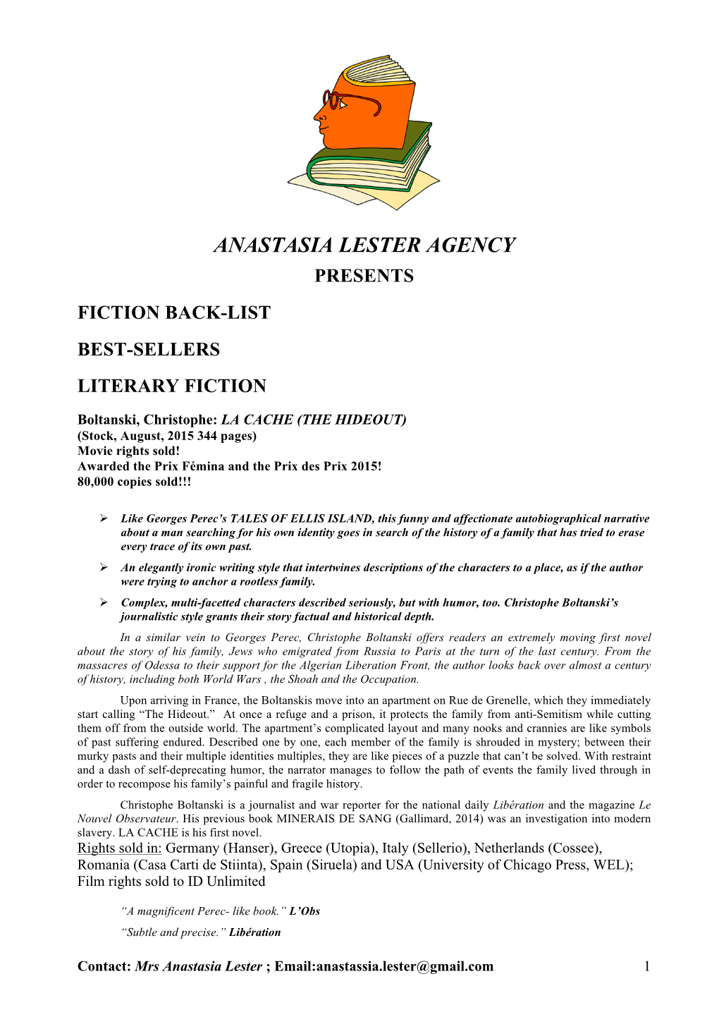 Anastasia Lester Agency Presents Fiction Back-List Best-Sellers Literary Fiction