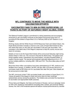 Vaccinated Fans to Win 50 Free Super Bowl Lvi Tickets As Part of Saturday Night Global Event