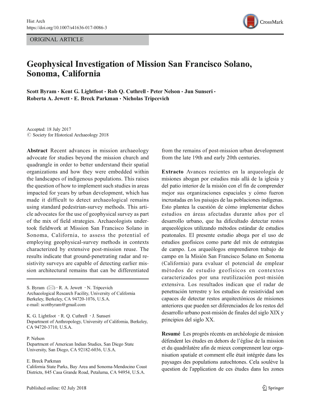 Geophysical Investigation of Mission San Francisco Solano, Sonoma, California