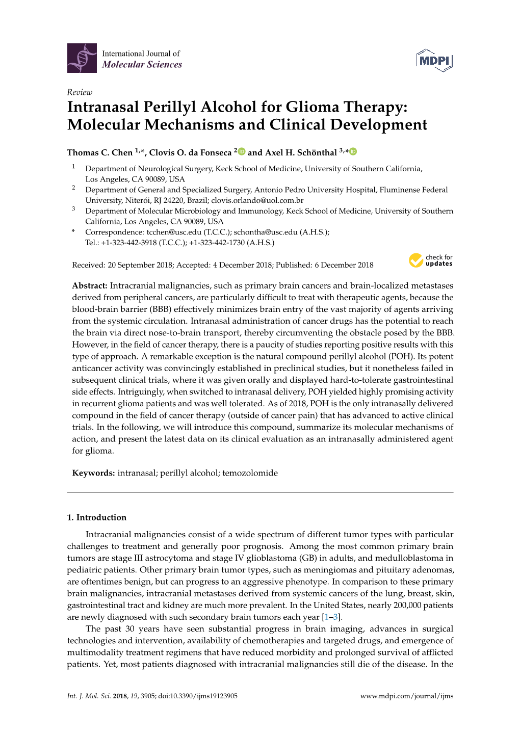 Intranasal Perillyl Alcohol for Glioma Therapy: Molecular Mechanisms and Clinical Development