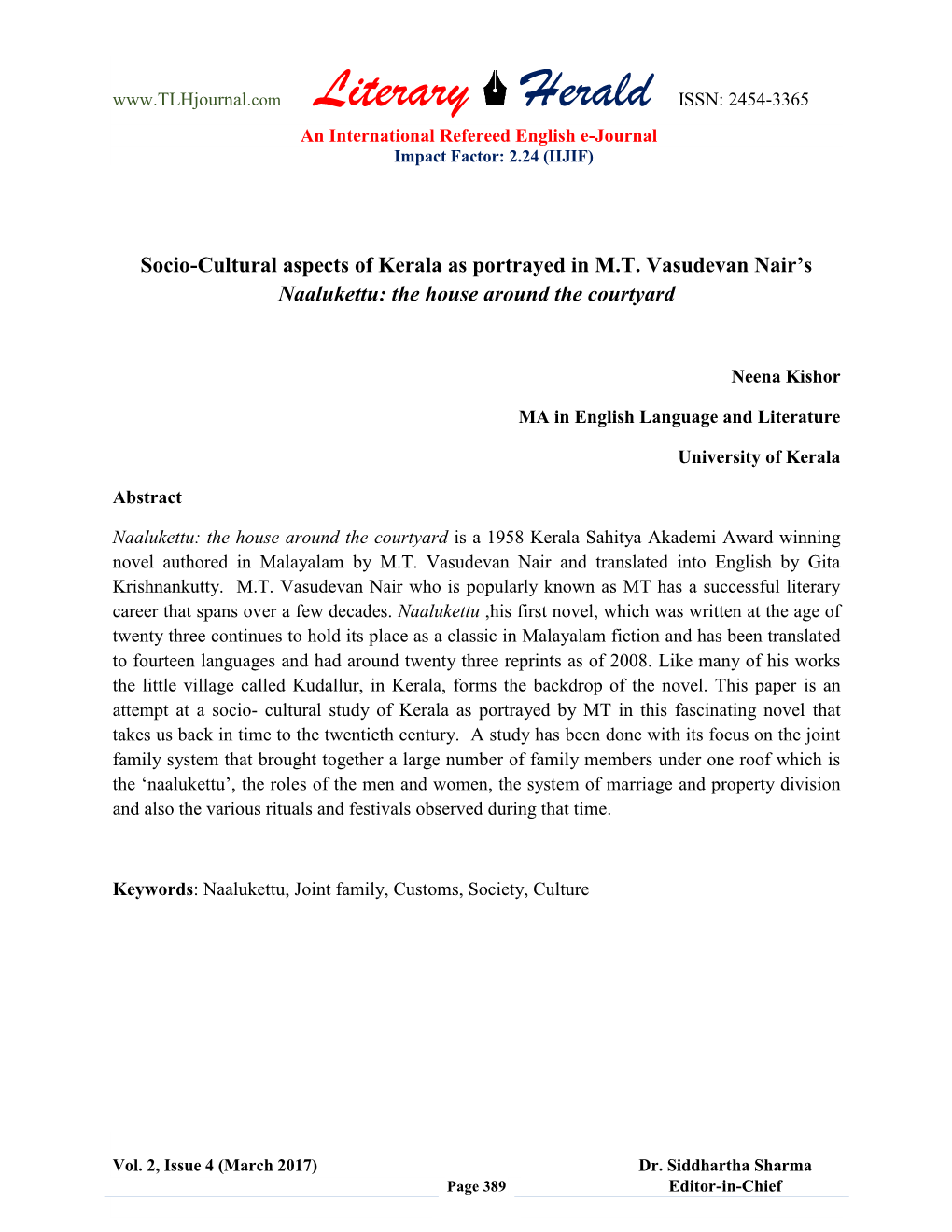 Socio-Cultural Aspects of Kerala As Portrayed in MT Vasudevan Nair's Naalukettu