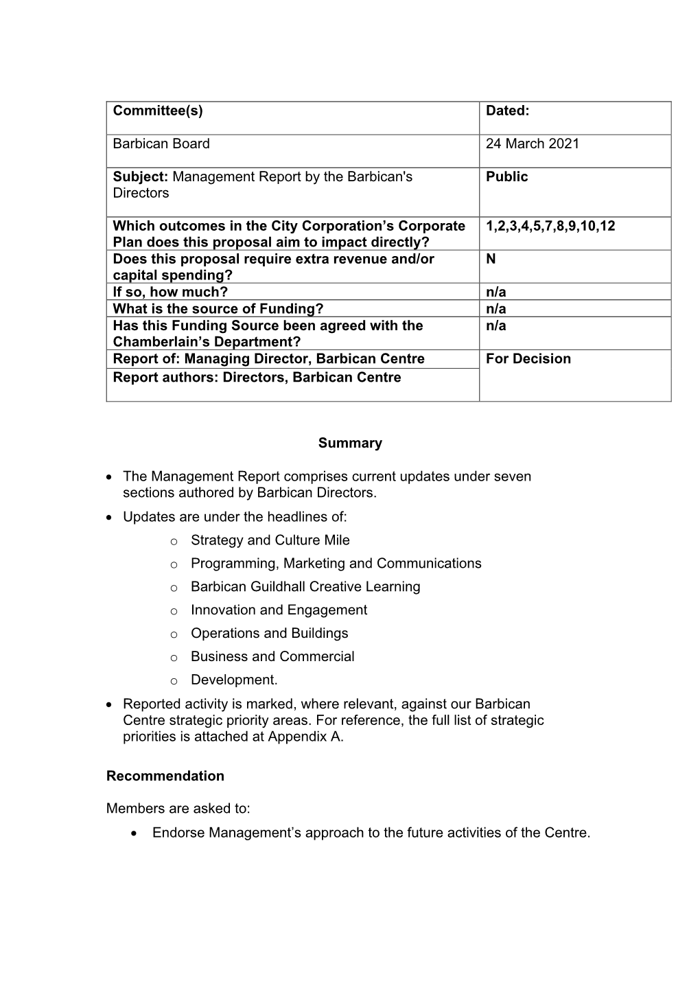 Committee(S) Dated: Barbican Board 24 March 2021