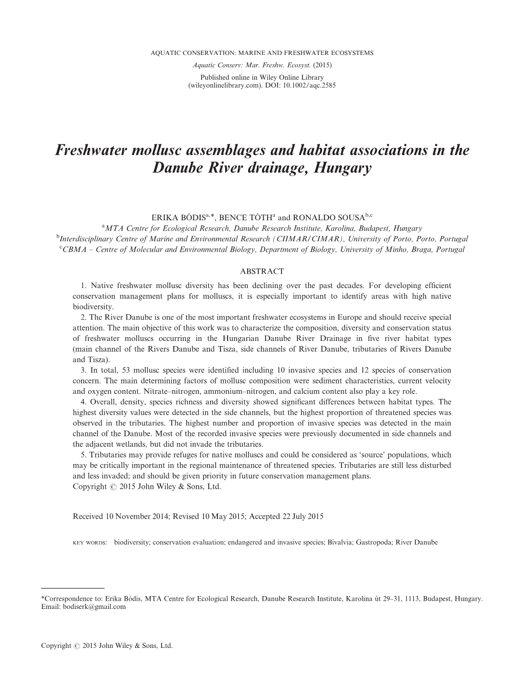 Freshwater Mollusc Assemblages and Habitat Associations in the Danube River Drainage, Hungary