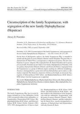 Circumscription of the Family Scapaniaceae, with Segregation of the New Family Diplophyllaceae (Hepaticae)