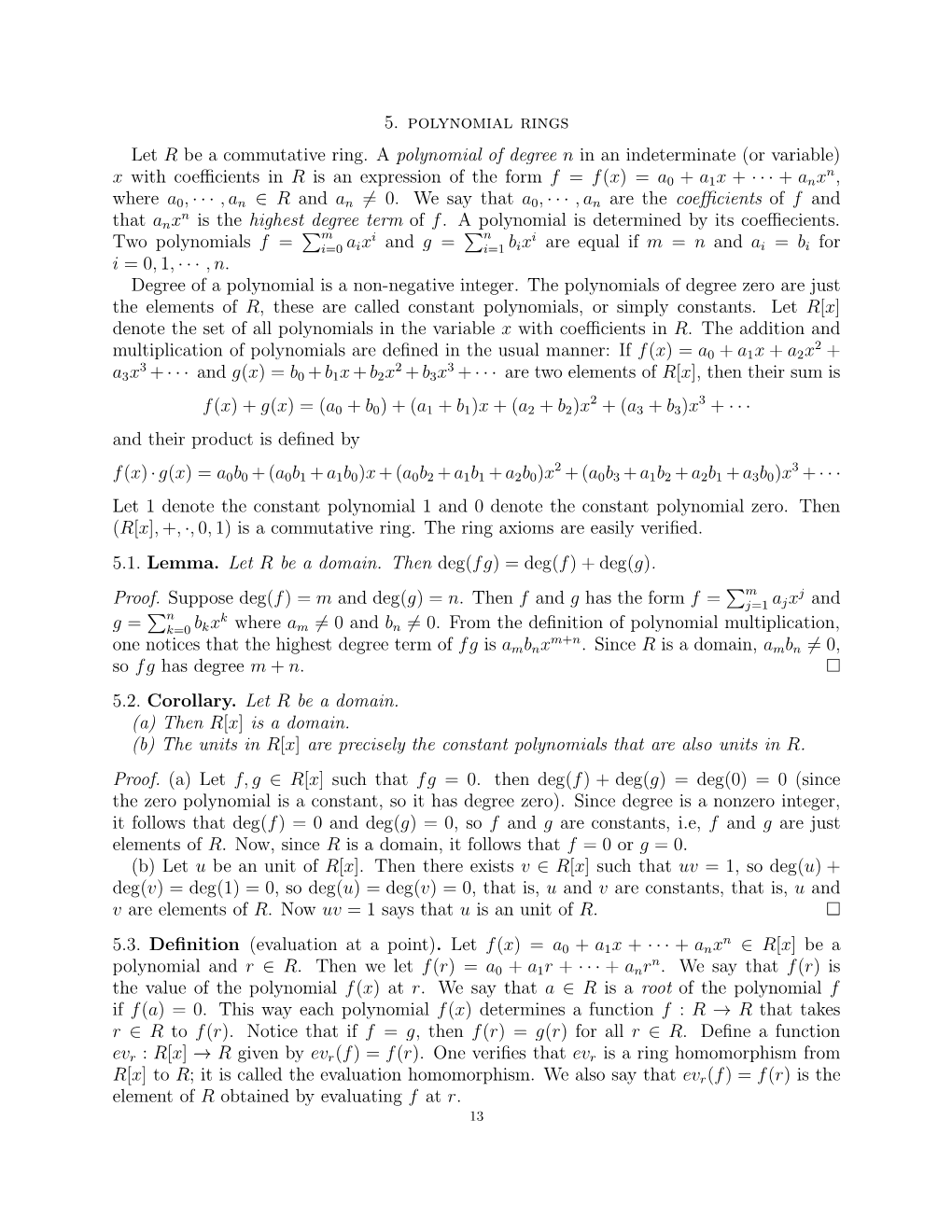 5. Polynomial Rings Let R Be a Commutative Ring. a Polynomial of Degree ...