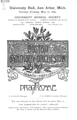 University Hall, Ann Arbor, Mich. Tuesday Evening, May 10, 1892