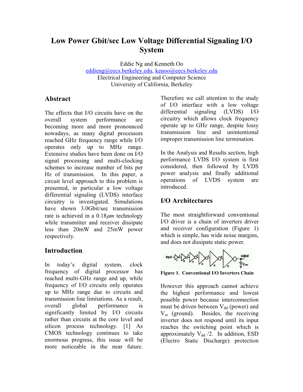 Low Power Gbit/Sec Low Voltage Differential Signaling I/O System