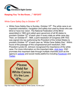 White Cane Safety Day Is Sunday, October 15Th