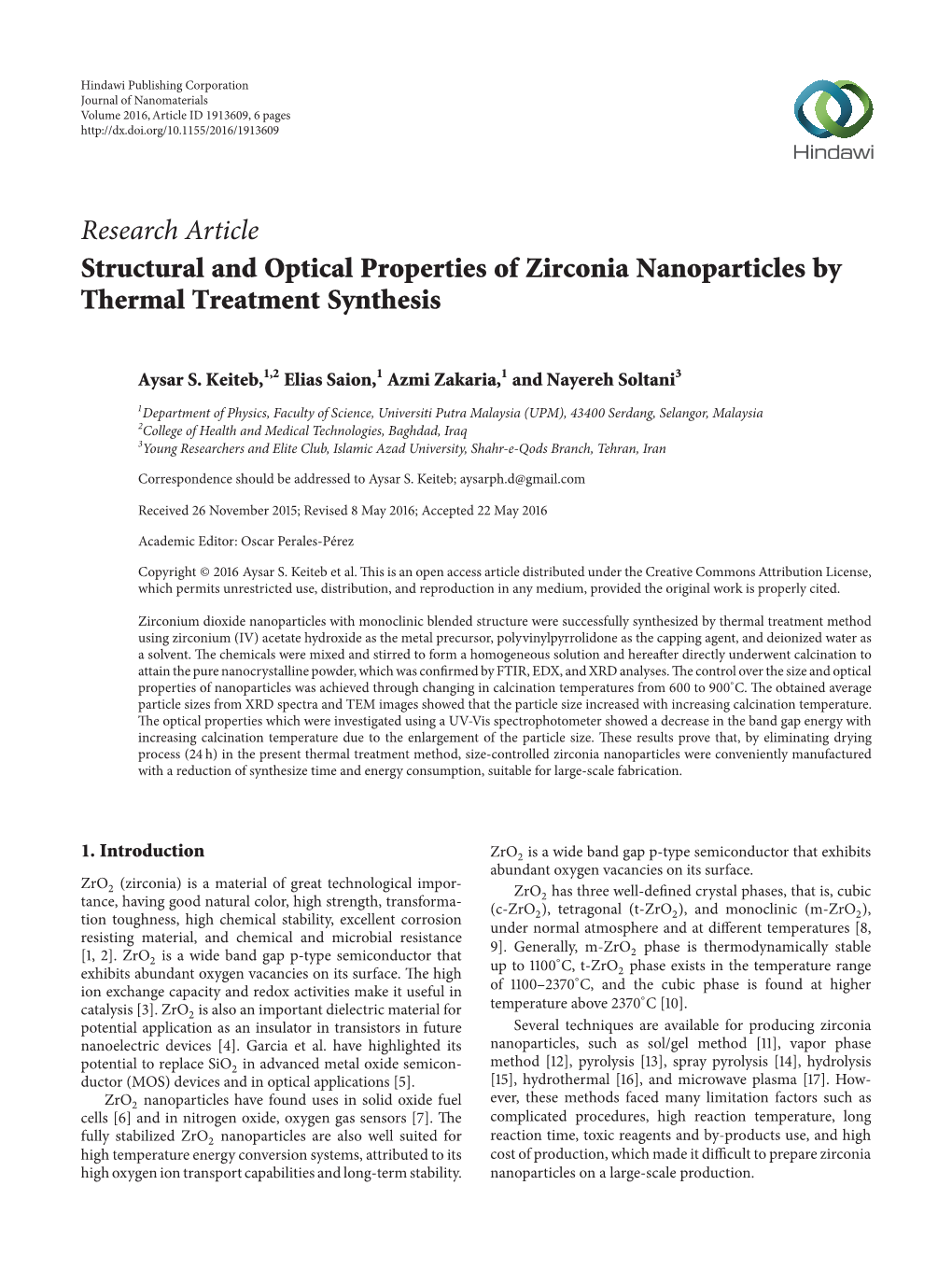 Structural and Optical Properties of Zirconia Nanoparticles by Thermal Treatment Synthesis