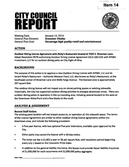 CITY Council REPORT Meeting Date: January 14, 2014 General Plan Element: Economic Vitality General Plan Goal: Encourage High Quality Retail and Entertainment