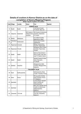 Details of Crushers in Kannur District As on the Date of Completion Of