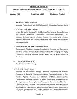 Syllabus for the Post of Assistant Professor, Infectious Disease, Class-I (Advt