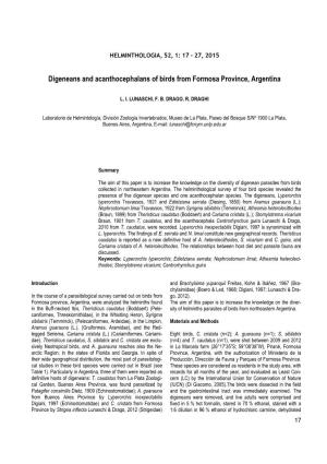 Digeneans and Acanthocephalans of Birds from Formosa Province, Argentina