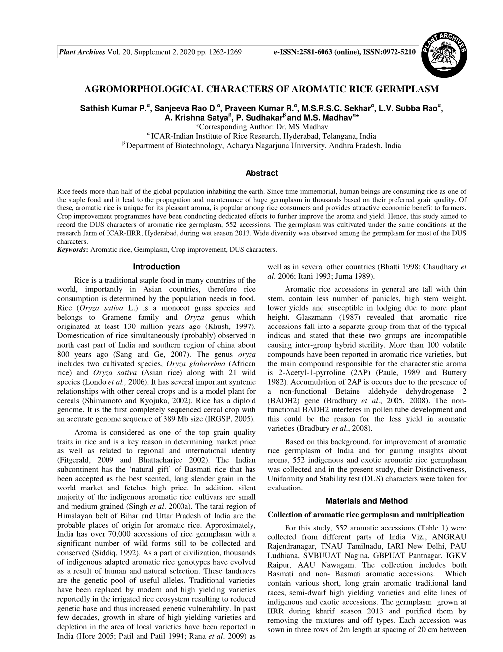 Agromorphological Characters of Aromatic Rice Germplasm