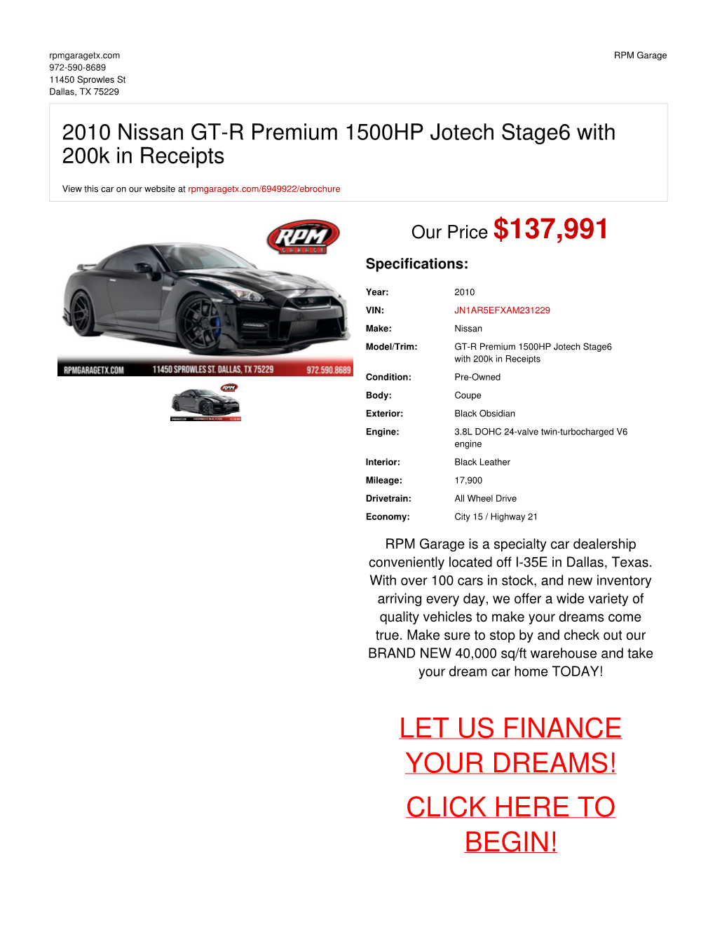 2010 Nissan GT-R Premium 1500HP Jotech Stage6 with 200K in Receipts