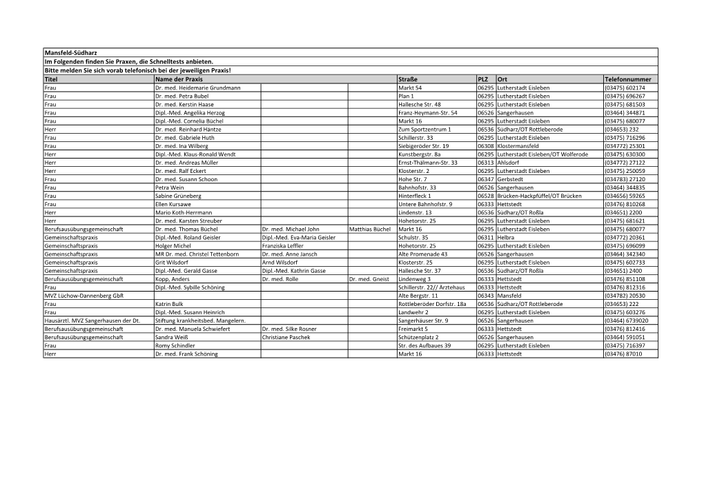 Titel Straße PLZ Ort Telefonnummer Mansfeld-Südharz Im Folgenden