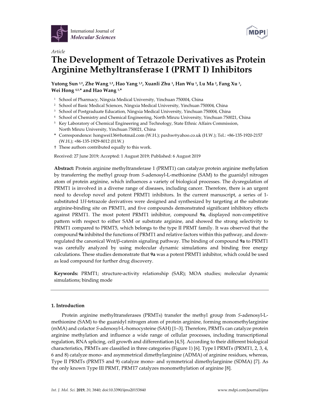 The Development of Tetrazole Derivatives As Protein Arginine Methyltransferase I (PRMT I) Inhibitors