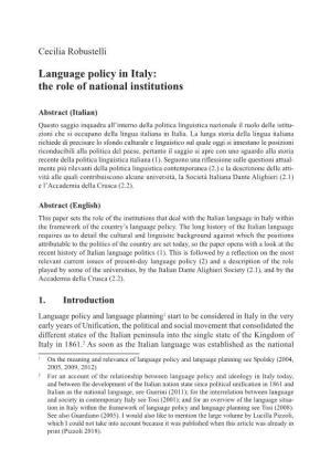 Language Policy in Italy: the Role of National Institutions