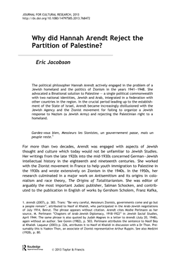 Why Did Hannah Arendt Reject the Partition of Palestine?