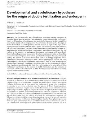 Developmental and Evolutionary Hypotheses for the Origin of Double Fertilization and Endosperm