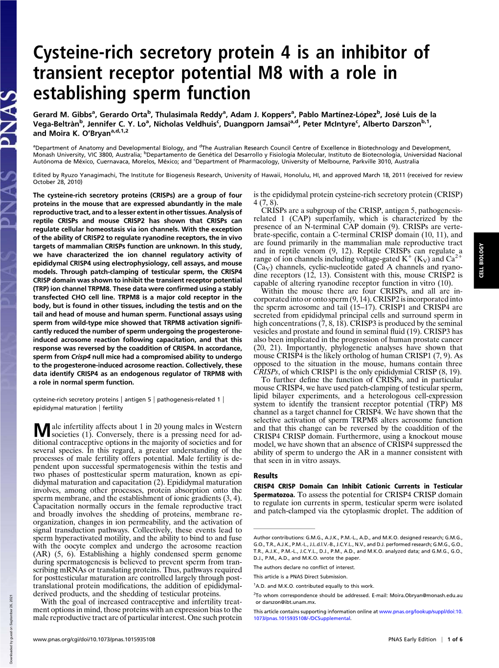 Cysteine-Rich Secretory Protein 4 Is an Inhibitor of Transient Receptor Potential M8 with a Role in Establishing Sperm Function