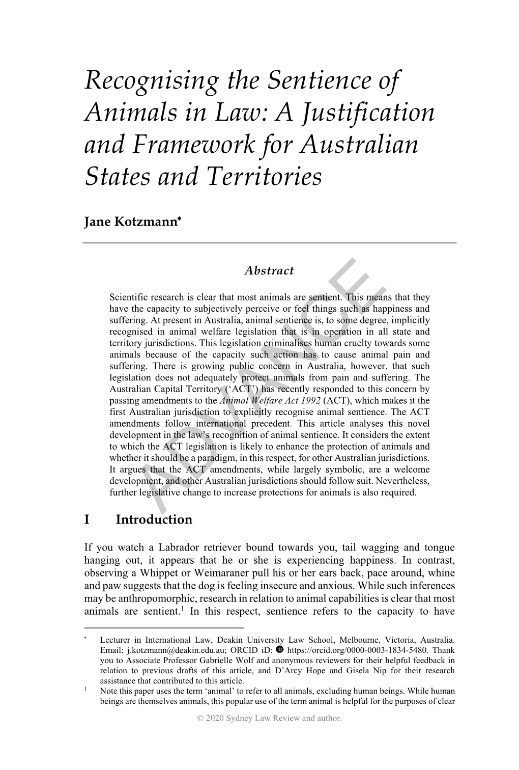 Recognising the Sentience of Animals in Law: a Justification and Framework for Australian States and Territories