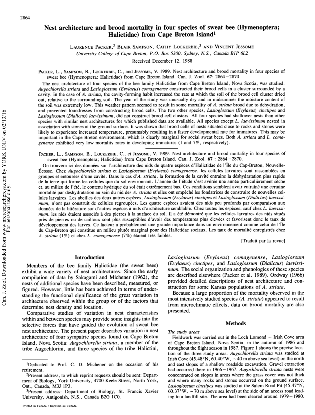 Nest Architecture and Brood Mortality in Four Species of Sweat Bee (Hymenoptera; Halictidae) from Cape Breton Island1