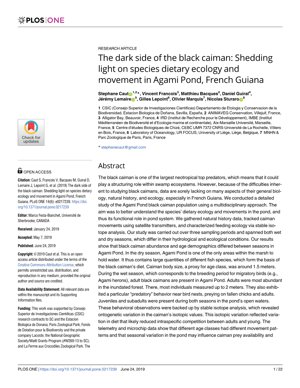 The Dark Side of the Black Caiman: Shedding Light on Species Dietary Ecology and Movement in Agami Pond, French Guiana