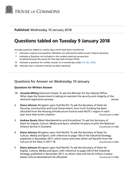 Questions Tabled on Tuesday 9 January 2018