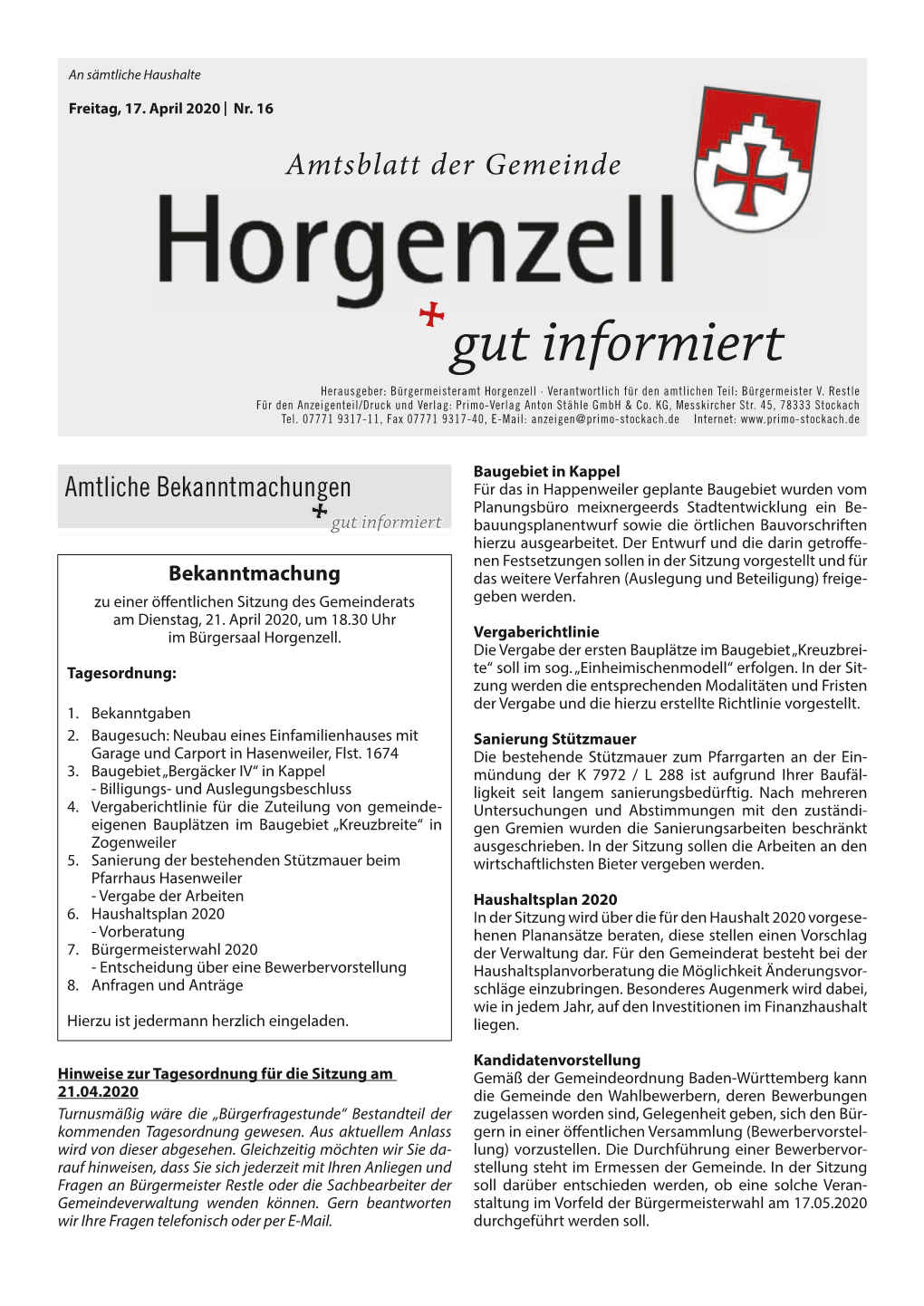 Gut Informiert Herausgeber: Bürgermeisteramt Horgenzell · Verantwortlich Für Den Amtlichen Teil: Bürgermeister V