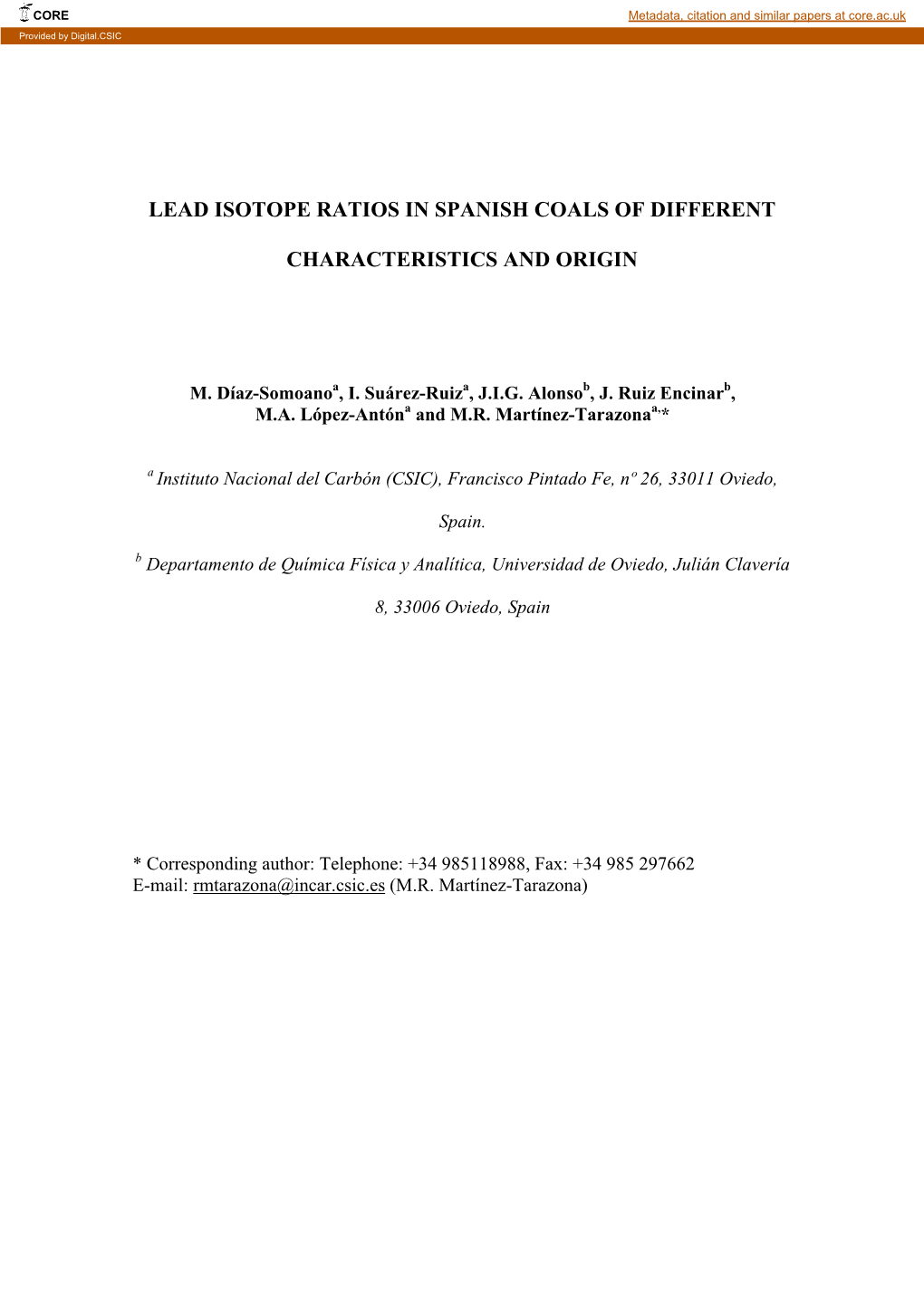 Lead Isotope Ratios in Spanish Coals of Different