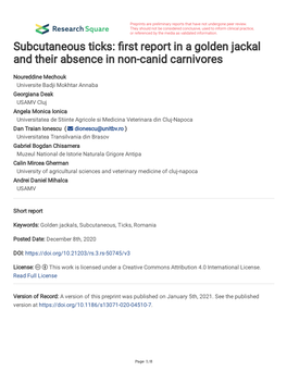 Subcutaneous Ticks: Rst Report in a Golden Jackal and Their Absence in Non-Canid Carnivores