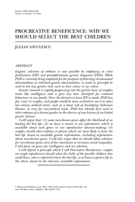 Procreative Beneficence: Why We Should Select the Best Children