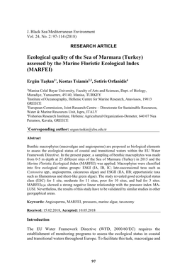 Ecological Quality of the Sea of Marmara (Turkey) Assessed by the Marine Floristic Ecological Index (MARFEI)