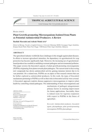 TROPICAL AGRICULTURAL SCIENCE Plant Growth-Promoting Microorganisms Isolated from Plants As Potential Antimicrobial Producers: A