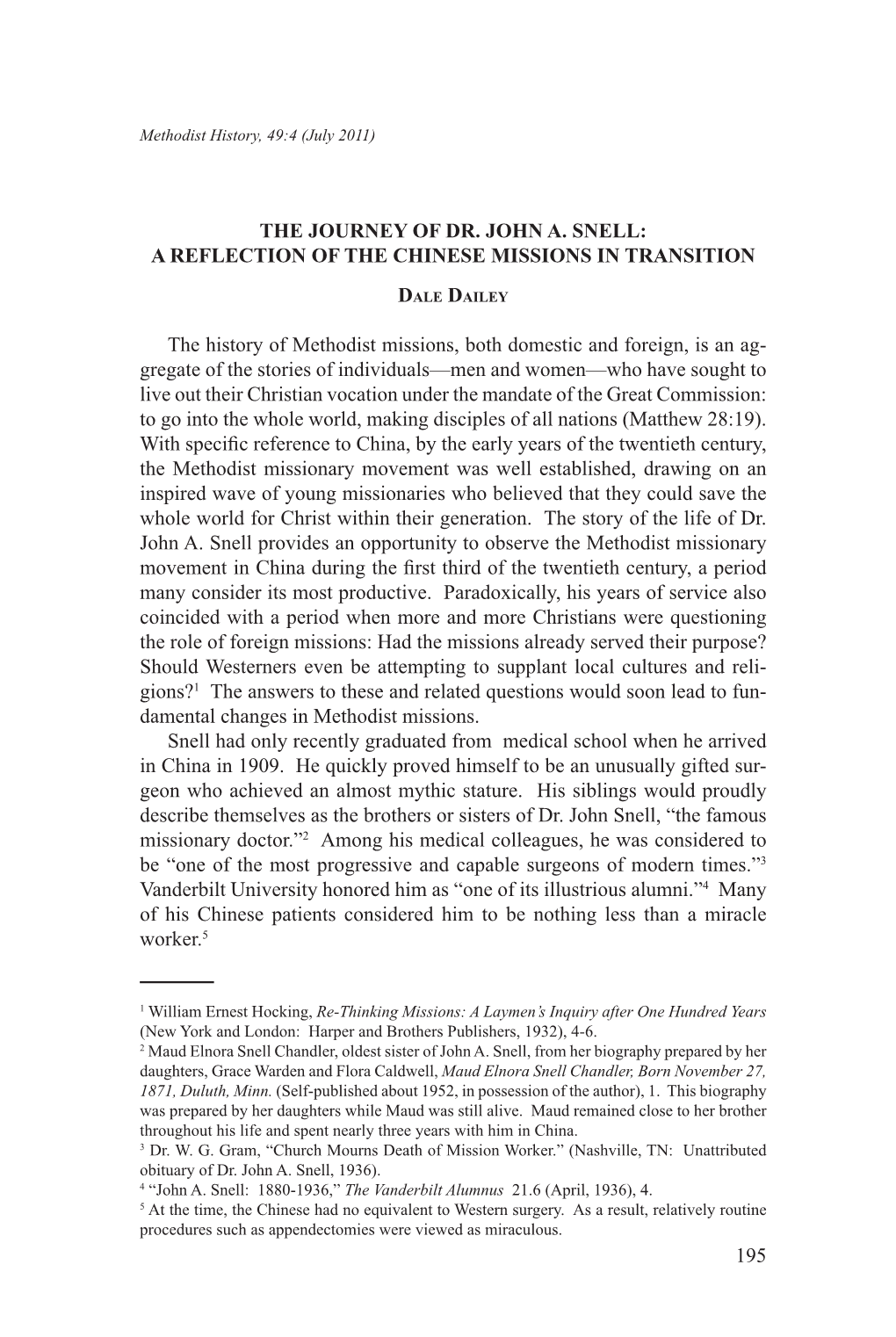 The Journey of Dr. John A. Snell: a Reflection of the Chinese Missions in Transition