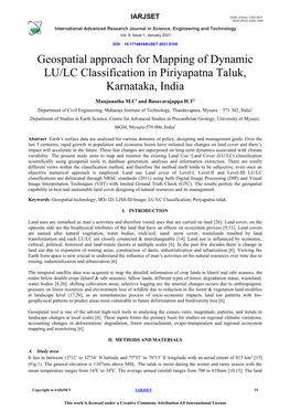Geospatial Approach for Mapping of Dynamic LU/LC Classification in Piriyapatna Taluk, Karnataka, India