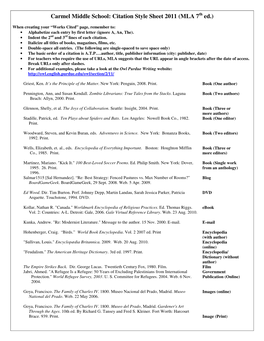 Carmel Middle School: Citation Style Sheet 2011 (MLA 7 Ed.)