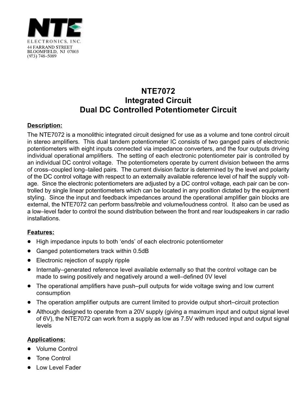 NTE7072 Integrated Circuit Dual DC Controlled Potentiometer Circuit