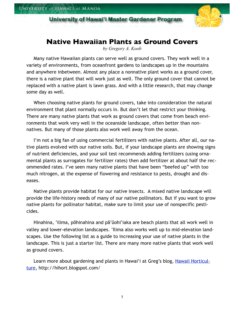 Native Hawaiian Plants As Groundcovers