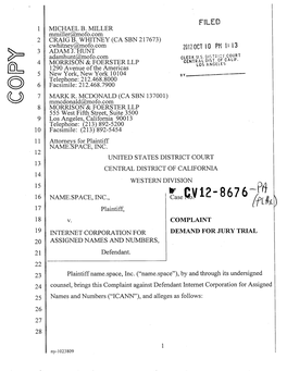 0V12-8676 16 NAME.SPACE, INC., Case [F1h 17 Plaintiff