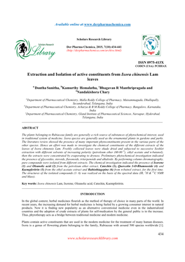 Extraction and Isolation of Active Constituents from Ixora Chinensis Lam Leaves