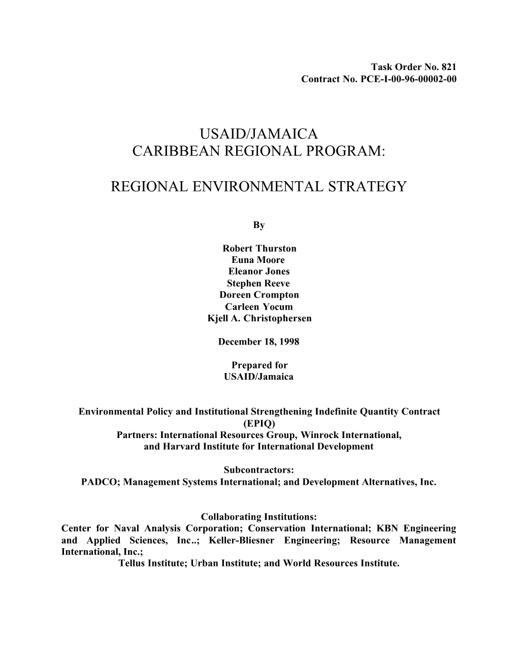 Usaid/Jamaica Caribbean Regional Program: Regional Environmental Strategy