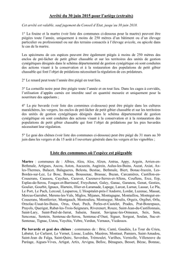 Arrêté Du 30 Juin 2015 Pour L'ariège (Extraits) Liste Des Communes Où L
