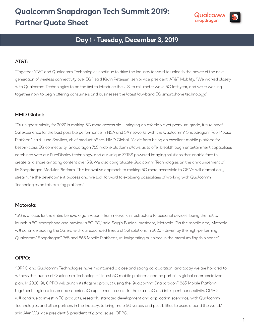 Qualcomm Snapdragon Tech Summit 2019: Partner Quote Sheet