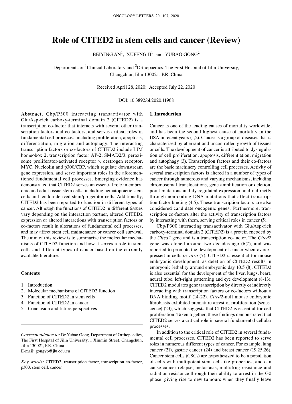 Role of CITED2 in Stem Cells and Cancer (Review)