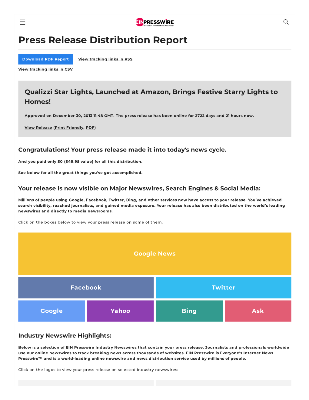 Press Release Distribution Report