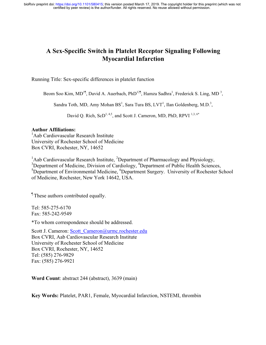 A Sex-Specific Switch in Platelet Receptor Signaling Following Myocardial Infarction